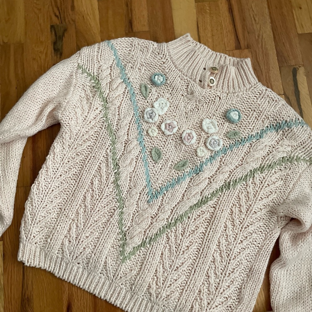 Embroidered Cable Knit Sweater - Cream